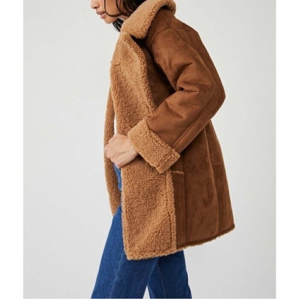 Free People Diogo Sherpa Suede Coat / Toasted Almond NWT - Picture 2 of 6